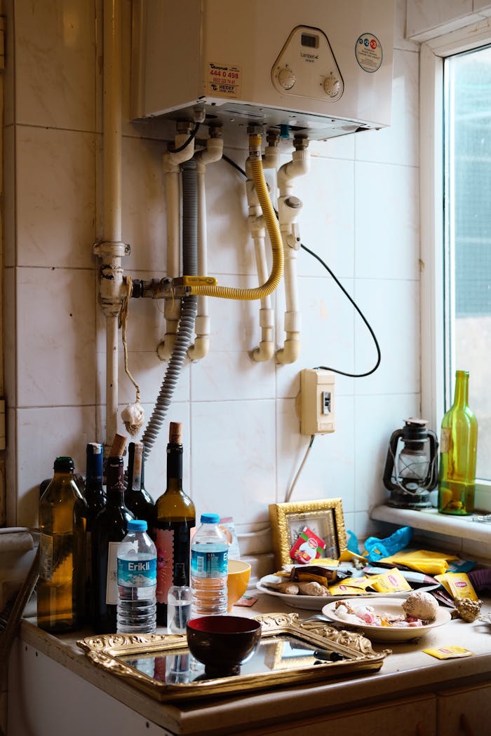 A cluttered kitchen counter with various bottles, food items, and kitchen equipment creating a messy appearance.